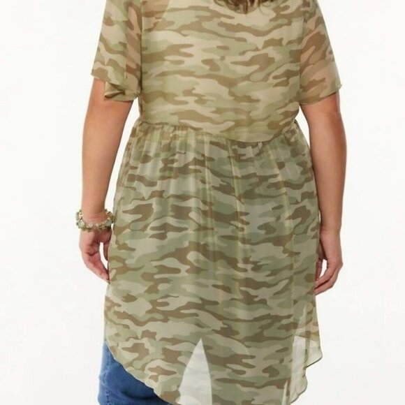 Cato Plus Green Camo Camouflage Flutter Sleeve Sheer High Low Tunic Top 18 20 - Picture 2 of 7